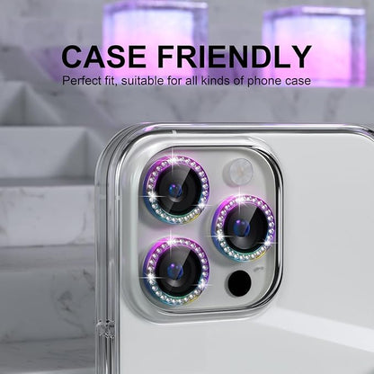 Choiche Compatible for iPhone 16 Pro/iPhone 16 Pro Max Camera Lens Protector Bling, 9H Tempered Glass Camera Cover Screen Protector Metal Ring Decoration Accessories (Diamond-Colorful)