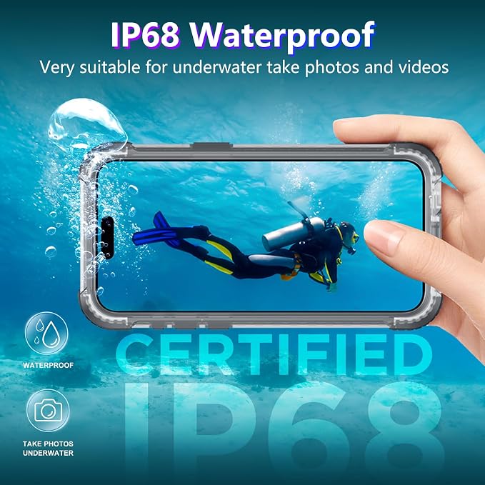 2024 Upgrade for iPhone 15 Pro Max Case Waterproof,[Compatible With MagSafe][Built-in Screen&Camera Protector][Full Body Dropproof][IP68 Underwater][Clear Sound]Shockproof Phone Case 6.7" Black/Clear