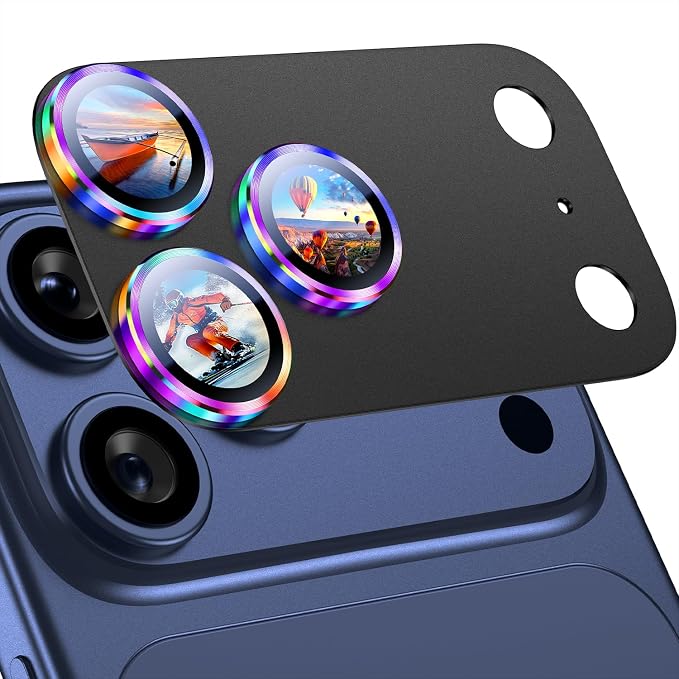 Uyiton for iPhone 17 Pro Max Camera Lens Protector, Not Easy to Break [Strong Adsorption][Case-Friendly] Metal Tempered Glass Rear Camera Screen Cover, Colorful Black