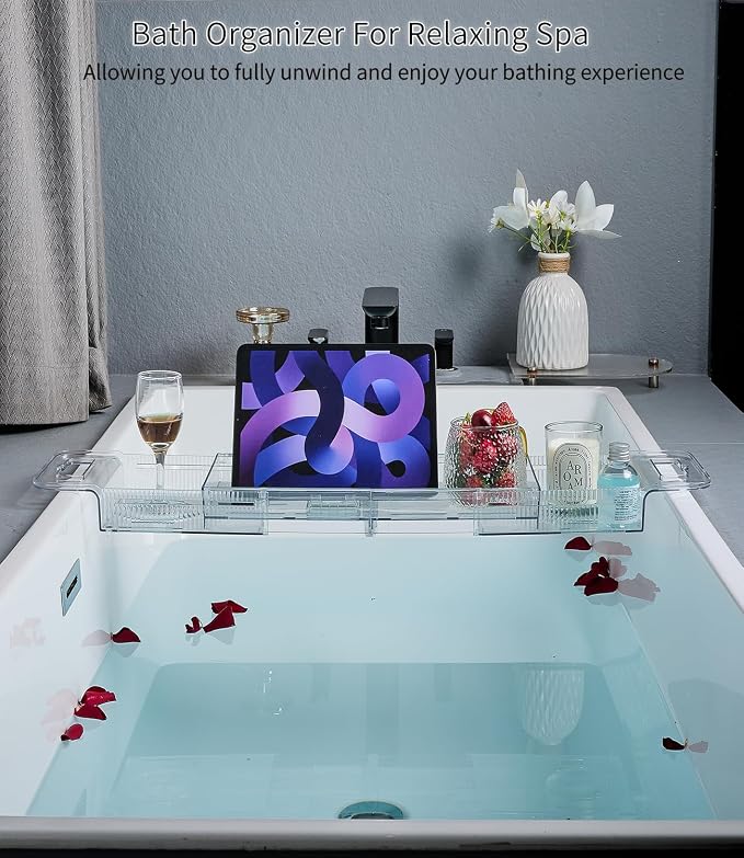 Bathtub Caddy Tray,Adjustable Bathtub Tray Table, Bath Organizer for Relaxing Spa-Features 2 Cup Holders, A Phone Stand with 5 Angle Adjustments,Non-Slip Silicone Pads,Won't Get Moldy,Easy to Clean.