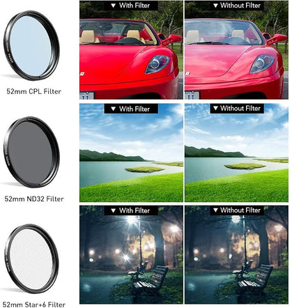 Apexel 52mm Filter Lens Kit (Graduated Filter Lens-Red Orange Yellow Blue, CPL, ND32, Star Lens-6 Point) for Smartphone Camera Canon Nikon Sony Olympus