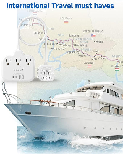 European Travel Plug Adapter - Multi Country Outlet Adapter with 3 AC Outlets & 4 USB(2USB-C)4.2A, 5ft Universal Power Cord, Worldwide Outlet Charger for Europe EU Germany France, Type A/C/G/I, Travel