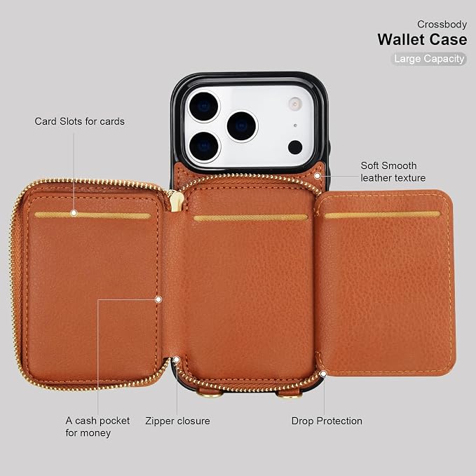 Bocasal Crossbody Wallet Case for iPhone 17 Pro, RFID Blocking PU Leather Zipper Handbag Purse Flip Cover, Kickstand Folio Case with Card Slots Holder Wrist Strap Lanyard 5G 6.3 Inch (Brown)