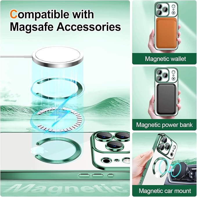 Hython for iPhone 17 Pro Max Case Glitter Clear Magnetic Phone Cases [Compatible with MagSafe] Full Camera Lens Protector Sparkle Luxury Plating Slim Shockproof Protective Cover Women, Green