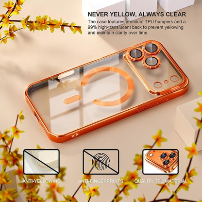 Misea Magnetic for iPhone 17 Pro Case Compatible with MagSafe [Never Yellowing] [Military Grade Drop Protection] Full Camera Lens Protector Plating Soft Clear Phone Case for Women, Cosmic Orange