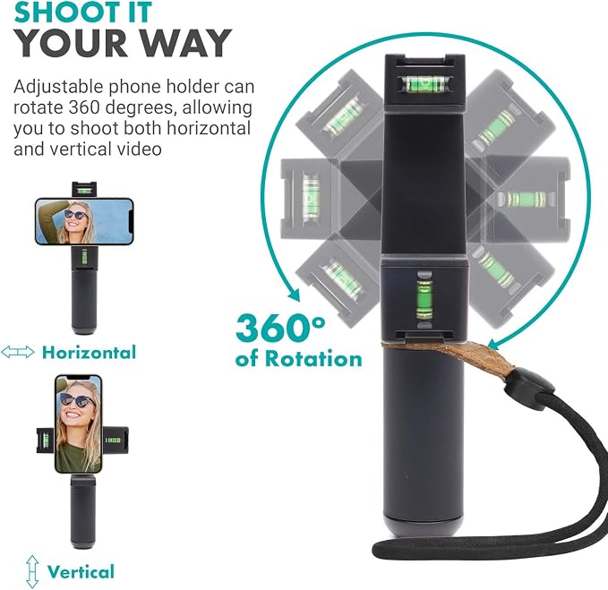 Movo PR-3 Rotating Smartphone Grip Handle Rig with Vertical and Horizonal Positions, Wrist Strap, Tripod Mount, Cold Shoe Mount for Lights and Microphones - for iPhone, Samsung, Google, Android Phones
