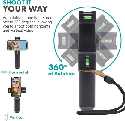 Movo PR-3 Rotating Smartphone Grip Handle Rig with Vertical and Horizonal Positions, Wrist Strap, Tripod Mount, Cold Shoe Mount for Lights and Microphones - for iPhone, Samsung, Google, Android Phones