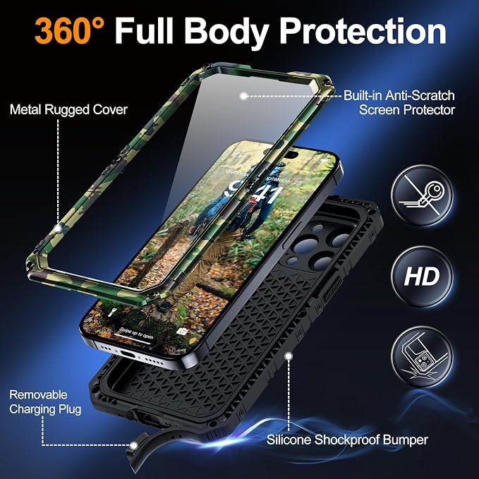 Mitywah Wateproof Case for iPhone 15 Pro Max, Military Grade Shockproof Cover for Outdoor Hiking and Climbing, Heavy Duty Metal Full Body Phone Case with Built-in Screen Protector, 6.7", Camouflage