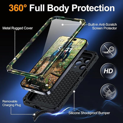 Mitywah Wateproof Case for iPhone 15 Pro Max, Military Grade Shockproof Cover for Outdoor Hiking and Climbing, Heavy Duty Metal Full Body Phone Case with Built-in Screen Protector, 6.7", Camouflage