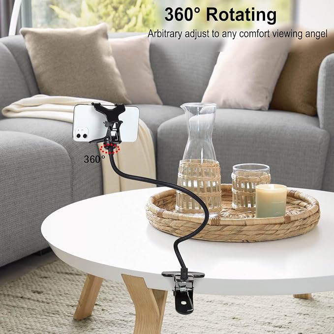 Gooseneck Phone Holder for Bed, [Upgrade Metal Stable] Flexible Gooseneck Long Arm Phone Mount for Desk with 360° Adjustable Clamp Clip Overhead Bedside Phone Stand, for All 4-7” Cellphone