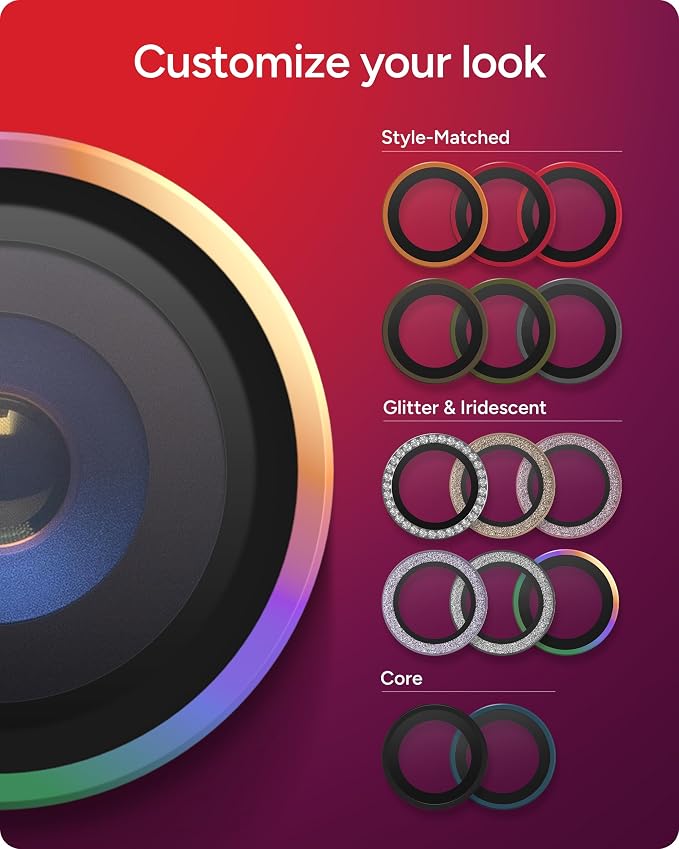 ZAGG iPhone Camera Lens Protector for iPhone 17/16/15 Pro and Pro Max Models - Iridescent, Camera Ring, Maximum Impact & Scratch Protection, Anti-Reflective Technology, Smudge-Resistant, Glass Elite