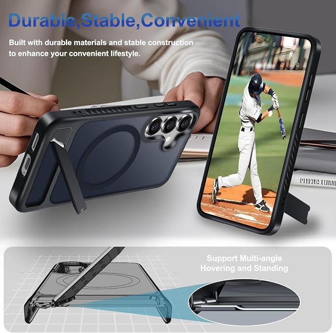 for Samsung Galaxy S25 Case with Screen Protector+Lanyard Wrist Strap,Magnetic Translucent Matte Rugged Slim Phone Cover Built in Invisible Kickstand [Fit for MagSafe],2025 Black