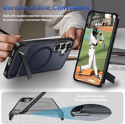 for Samsung Galaxy S25 Case with Screen Protector+Lanyard Wrist Strap,Magnetic Translucent Matte Rugged Slim Phone Cover Built in Invisible Kickstand [Fit for MagSafe],2025 Black