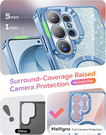 Meifigno Magnetic Case Designed for Samsung Galaxy S26 Ultra 6.9", [Compatible with MagSafe] [Removable Glitter Card & Wrist Strap], Surround Lens Protection Case for Galaxy S26 Ultra, Sky Blue