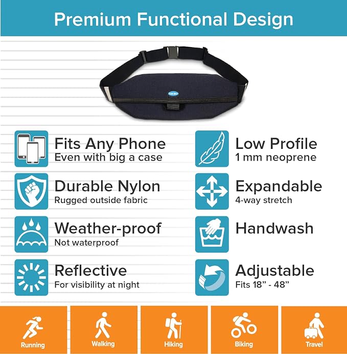 Tune Belt SP2 Running Belt, Slim Waist Pack Holder with Secure Zip Pocket, Sweatproof Storage, Non-Chafing, Fits Large Phones, Easy Access, Money Belt for Men & Women
