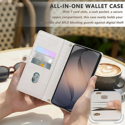 Crossbody Wallet Case for Samsung Galaxy S26 Ultra with Mirror, Wrist Strap, Zipper Purse Magnetic Flip, RFID Blocking Card Holder, PU Leather Shockproof Women (White)