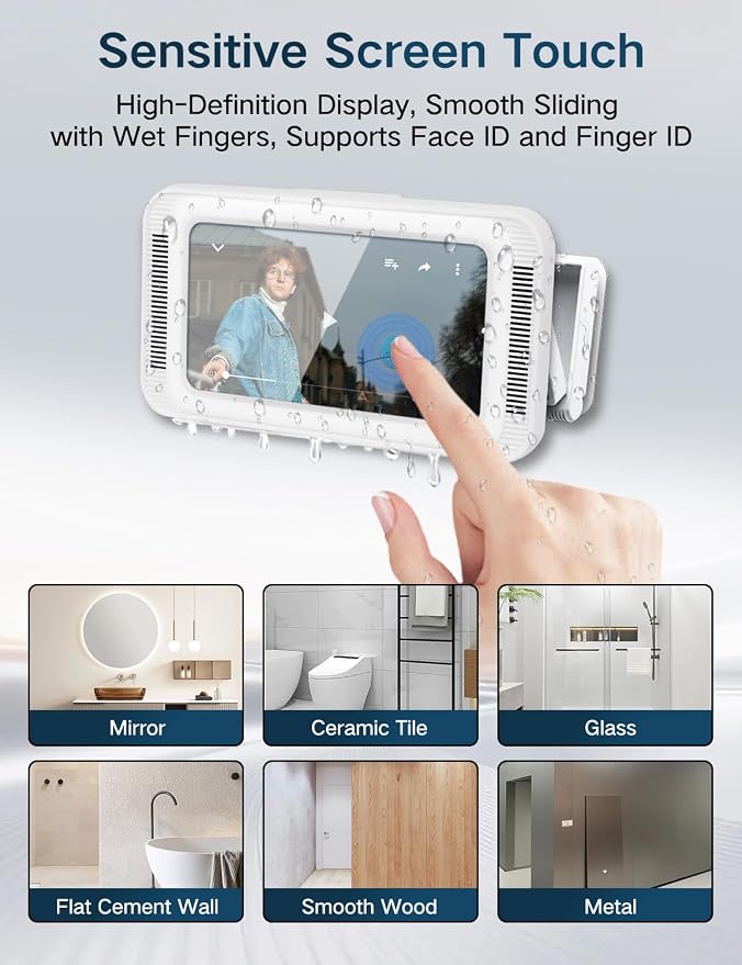 Kairiyard Shower Phone Holder Waterproof, Speaker Holes 360° Rotatable Retractable Anti-Fog High Sensitivity Clear Sound Wall Mounted Phone Case for Bathroom Mirror Bathtub Kitchen, Up to 7 Inch