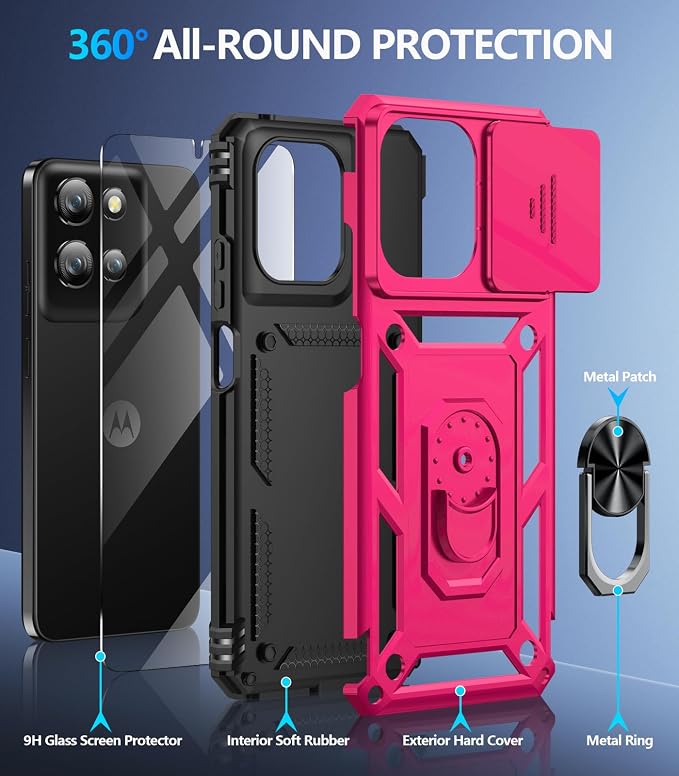 Taisairu for Motorola Moto G 2025/G 2026/G Play 2026 Case with Screen Protector & Slide Camera Lens Cover, Built-in Ring Stand Case for Moto G 2026/G 2025/G Play 2026 (Hot Pink)