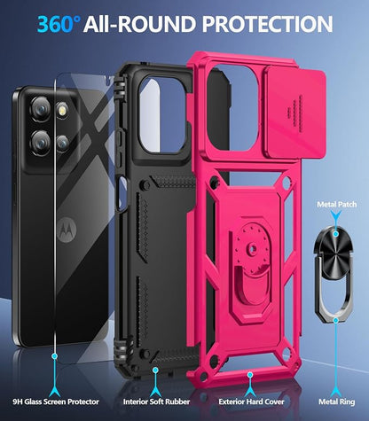 Taisairu for Motorola Moto G 2025/G 2026/G Play 2026 Case with Screen Protector & Slide Camera Lens Cover, Built-in Ring Stand Case for Moto G 2026/G 2025/G Play 2026 (Hot Pink)