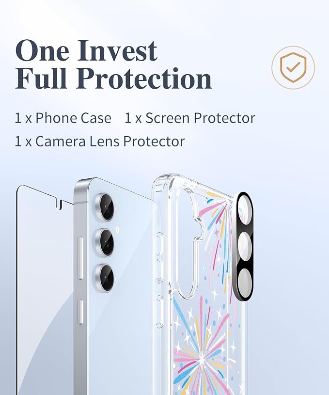 GVIEWIN for Samsung Galaxy S24 FE Case, Clear Floral Slim Shockproof Protective Women Phone Case, Non-Yellowing, with Screen Protector & Camera Lens Protector for S24 FE 6.7", Fireworks