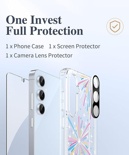 GVIEWIN for Samsung Galaxy S24 FE Case, Clear Floral Slim Shockproof Protective Women Phone Case, Non-Yellowing, with Screen Protector & Camera Lens Protector for S24 FE 6.7", Fireworks