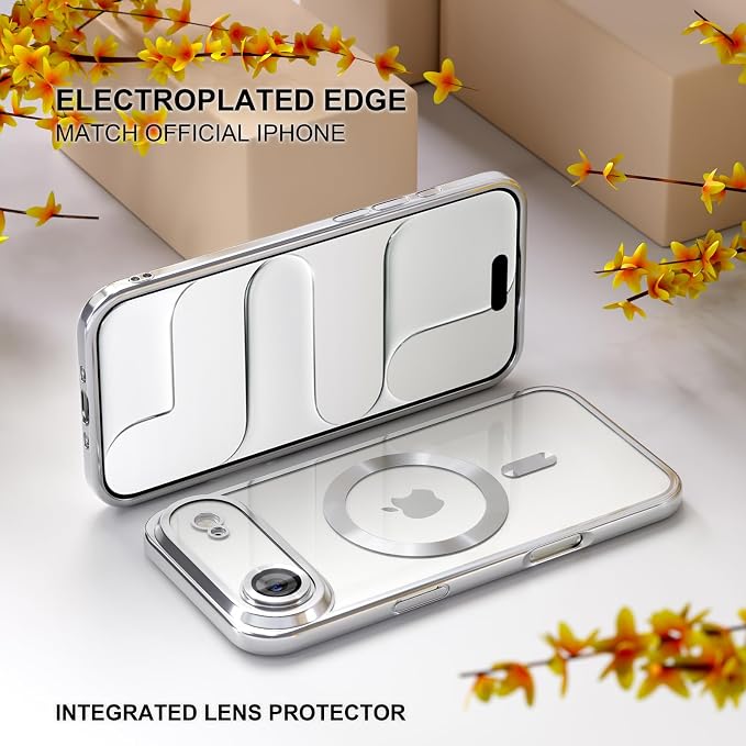 Misea Magnetic for iPhone 17 Air Case Compatible with MagSafe [Never Yellowing] [Military Grade Drop Protection] Full Camera Lens Protector Plating Soft Clear Phone Case for Women, Silver