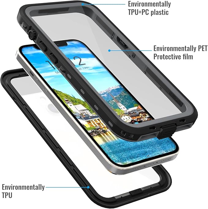 Waterproof Phone Case Compatible with iPhone 13, IP68 Waterproof Shockproof Dust-Proof Phone Case with Built in Screen Protector, Full Body Protective Case (Black, iPhone 13)