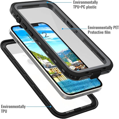 Waterproof Phone Case Compatible with iPhone 13, IP68 Waterproof Shockproof Dust-Proof Phone Case with Built in Screen Protector, Full Body Protective Case (Black, iPhone 13)