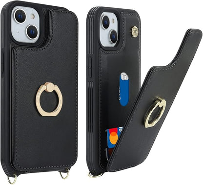 Lipvina for iPhone 14 Plus Case with Card Holder and Strap for Women,Crossbody Lanyard,RFID Blocking,Stand Ring Kickstand,Snap Clasp,Phone Wallet Cases 6.7 inch(Black)