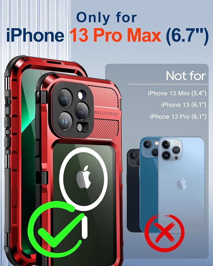 WIFORT for iPhone 13 Pro Max Waterproof Case, Metal Heavy Duty Phone Case Built-in Screen Protector IP68 Water Proof 15FT Military Grade Shockproof, Full Body Drop Protection Cover, 6.7" Red