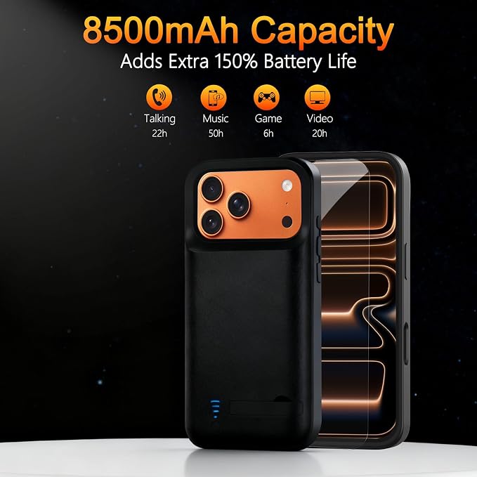 Battery Case for iPhone 17 Pro (8500mAh),Rechargeable Extended Fast Charger Charging Case with Kickstand, Portable Protective Battery Back Pack Cover for iPhone 17 Pro(6.3") Black