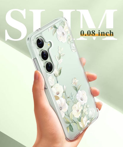GVIEWIN for Samsung Galaxy S25 Case, Clear Floral Slim Shockproof Protective Women Phone Case, Non-Yellowing, with Screen Protector & Camera Lens Protector for Galaxy S25 6.2", Hibiscus/Green