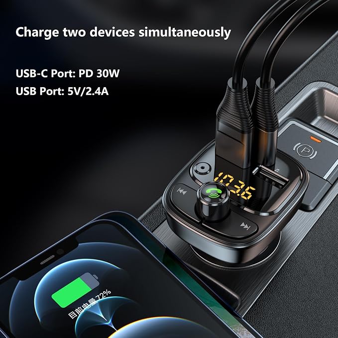 Bluetooth 5.3 FM Transmitter Car Adapter, Wireless Radio MP3 Player Stereo Music Audio Receiver Hands Free Calling, 42W (PD 30W & 12W) USB C Car Charger for iPhone, Support TF Card & USB Disk (Black)
