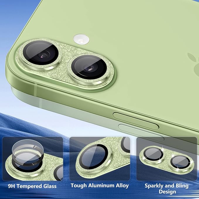 Camera Lens Protector for iPhone 17, Bling Glitter Camera Cover with 9H Tempered Glass Metal Ring, Anti-Scratch Lens Protector for iPhone 17 (Glitter - Green)