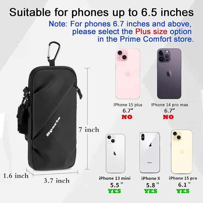 Prime Comfort Phone Holder Arm Band, Small Crossbody Shoulder Holsters Bag with Arm Bands, Fits iPhone and Android, Use for Running, Walking, Hiking & Biking (6.7 Inches, Black)