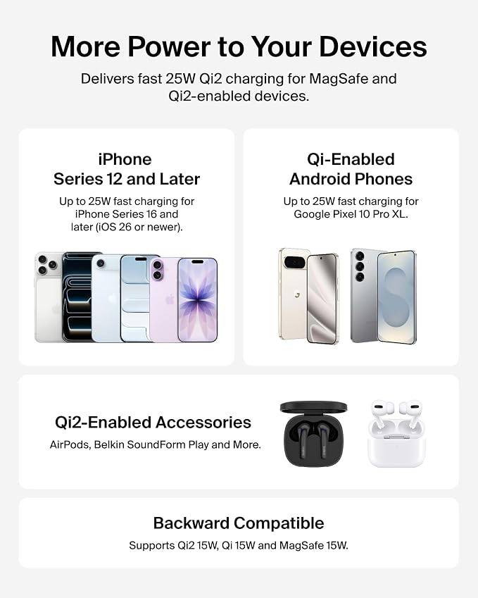 Belkin MagSafe Charger, Magnetic iPhone Charger w/ Qi2 25W, Fast Wireless Charging Pad w/Kickstand for iPhone 17 Series, Samsung Galaxy, Pixel 10, AirPods Pro, Travel - No Power Adapter, Black