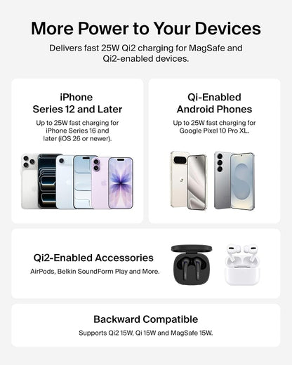 Belkin MagSafe Charger, Magnetic iPhone Charger w/ Qi2 25W, Fast Wireless Charging Pad w/Kickstand for iPhone 17 Series, Samsung Galaxy, Pixel 10, AirPods Pro, Travel - No Power Adapter, Black