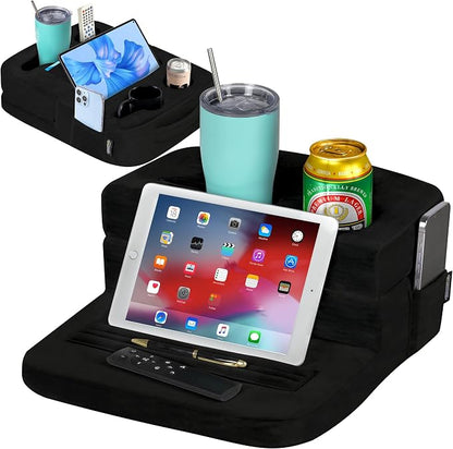 TabCouchCaddy - Couch Cup Holder Tray Pillow - Bed, Couch Caddy, Sofa, RV & Car - Holds Drinks, Snacks, Remotes, Phones, Kindle, Tablet | Bed Cup Holder (Black)