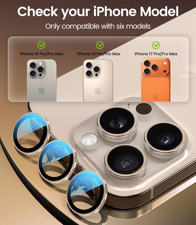PandaShield 2-Pack Anti-Reflection Camera Lens Protector for iPhone 17/16/15 Pro & Pro Max, Easy Installation, Anti-Scratch,9H Hardness,98% Ultra Clarity,Maintains Original Lens Design-Desert Titanium