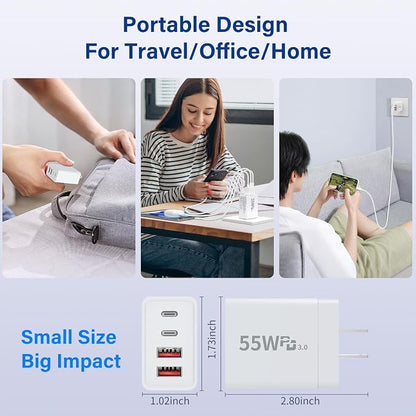 USB C Charger Block, 2 Pack 55W 4-Port Multiport Fast Wall Charger with PD (2x20W)+QC (2x3.1A) Power Adapter, Fast Charging Cable, Type C Charging Hub for iPhone 17/16/15/14/13/12/Pro/Max/XS