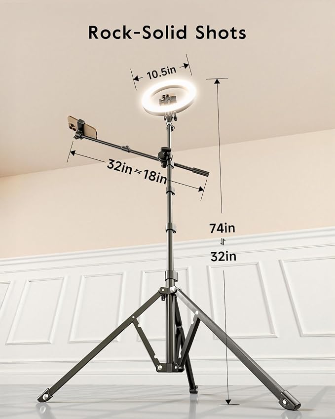 LUXSURE Ring Light with Stand for Phones, Tripod with Ring Light for iPhone, Overhead Phone Mount 10.5" with Phones Stand and Remote, Phone Tripod with Light for Video Recording/Live Stream/Cooking