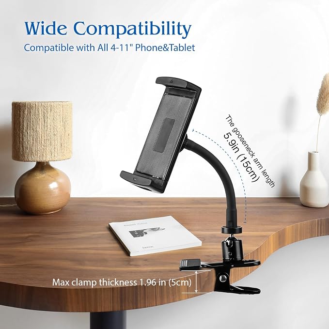 ROCKFREE Clip Tablet Holder with Heavy-Duty Gooseneck Arm,360° Adjustable ipad Clamp Mount for Desk,Table,Cabinet,Bed,Treadmill,Fits 4–11" iPad,iPhone,Tablet & Phone