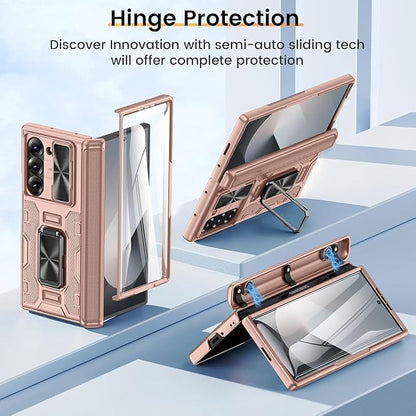 VEGO for Galaxy Z Fold 6 Case with Hinge Protection & Screen Protector | Built-in Slide Lens Cover & 360° Rotating Kickstand] Hard PC Full-Body Drop Protection Phone Case for Samsung Z Fold 6 -Gold
