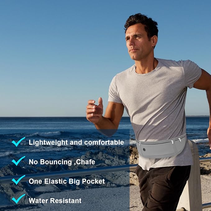 Slim Running Belt for Women Men,Runners Fanny Pack Phone Holder,Money Belt,Running Gear Accessories,with 3 Pockets(Light gray)