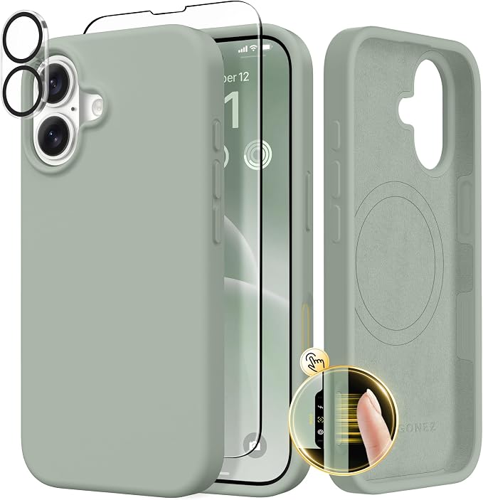 GONEZ Magnetic for iPhone 17 Case, Compatible with MagSafe, [Screen Protector + Camera Lens Protector], Liquid Silicone Anti-Scratch Shockproof Protective Phone Case 6.3 inch, Light Green
