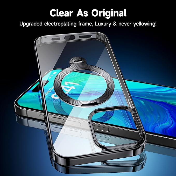 [Tri-Shield Protection] for iPhone 15 Pro Case with 360° Spin Stand Compatible with MagSafe [Magnetic CD Ring] [Screen & Camera Lens Protector] Shockproof Plating Never-Yellowing, Black-6.1"