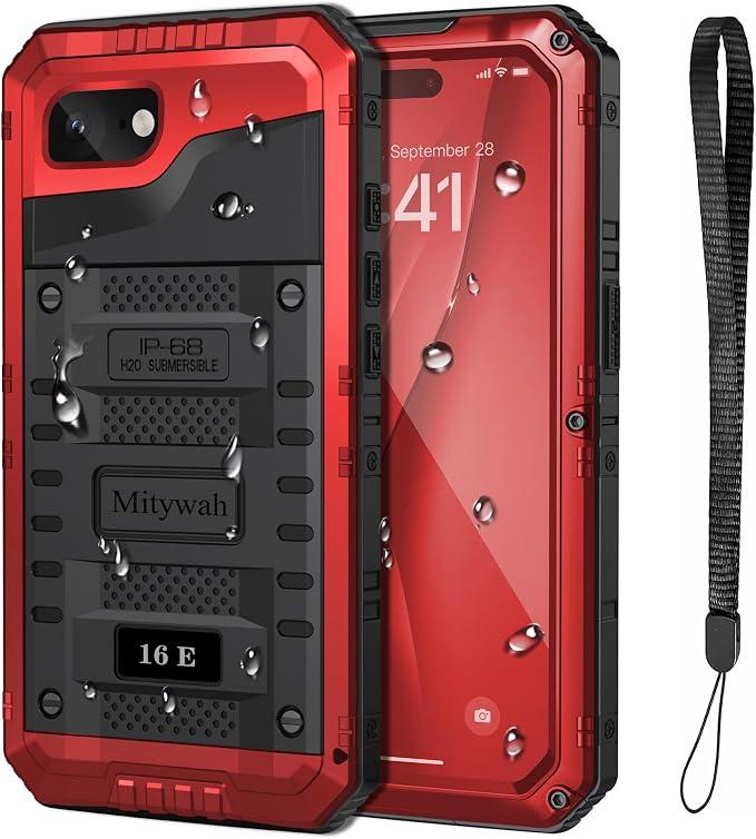 Mitywah Waterproof Case for iPhone 16e and for iPhone 17e, Shockproof Heavy Duty Case with Built-in Screen Protector, Underwater Full Body Protective Metal Case 6.1 inch, Red