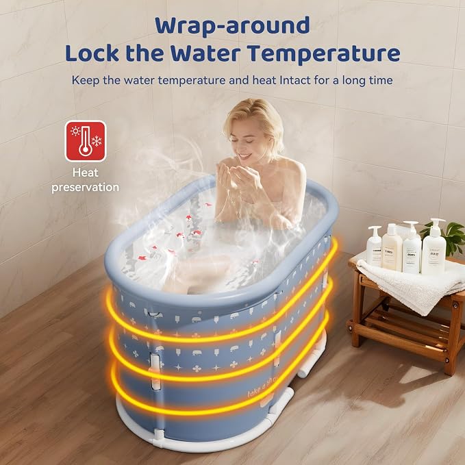 Portable Bathtub, Foldable Bathtub No Installation, Freestanding Shower Bathtubs with Cushion, Collapsible SPA Soaking Bath Tub, Hot & Ice Bath Tub for Indoor Outdoor (White Brown Stripes)