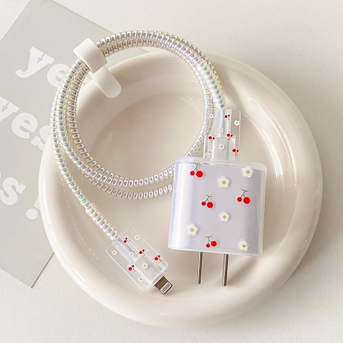Simple Pattern Transparent Charger Cover for Genuine Apple 18W/20W USB-C Power Adapter, Exquisite Laser-Patterned Cable Protector for iPhone 11-15 Pro Max Charging Cables, Cherry&Floral (5in1)