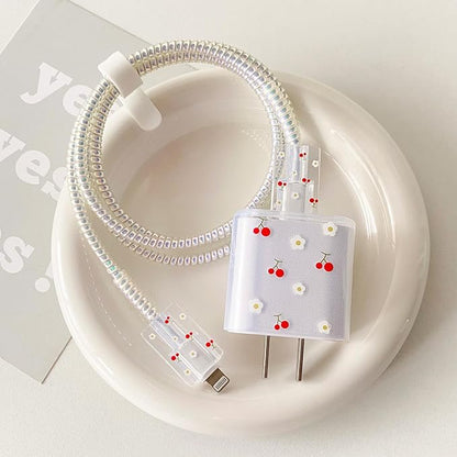Simple Pattern Transparent Charger Cover for Genuine Apple 18W/20W USB-C Power Adapter, Exquisite Laser-Patterned Cable Protector for iPhone 11-15 Pro Max Charging Cables, Cherry&Floral (5in1)